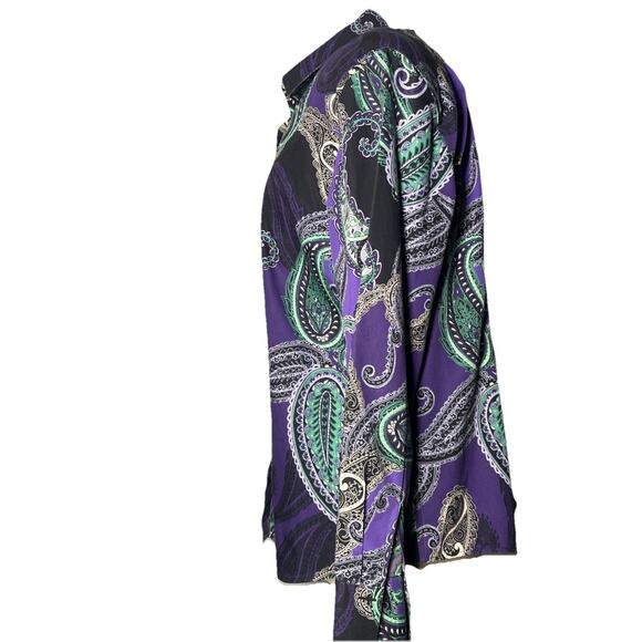 Chico’s Size 2/M No Iron Button Up Shirt Purple and Green Paisley 100% Cotton - Picture 3 of 5
